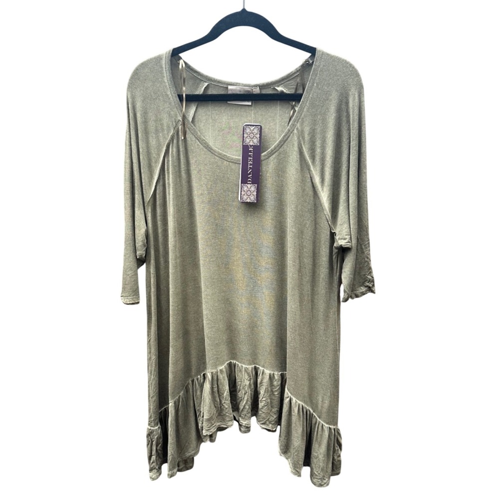 Dantelle Women 2X Olive Green Ruffle Hem Tunic Top 3/4 Sleeve Scoop Neck D925P